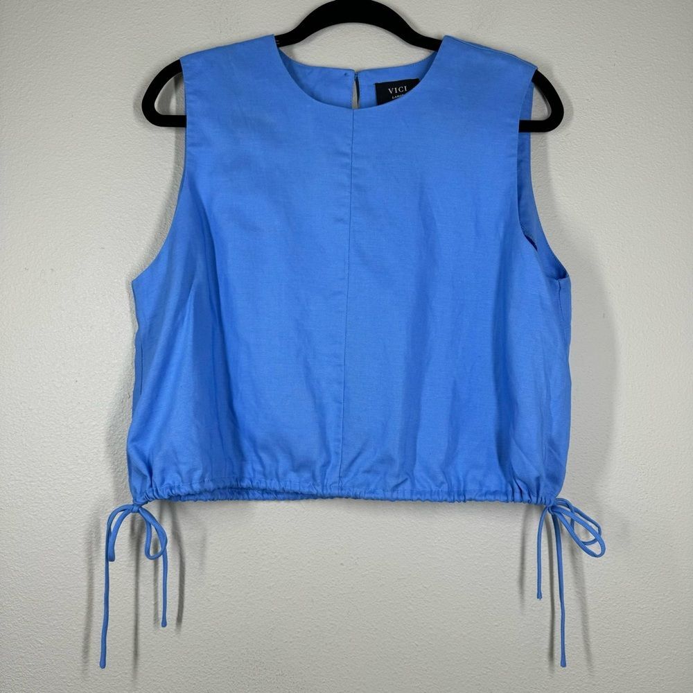 VICI Side Tie Blue Sleeveless Top Linen Blend Beachy Boho Vacation Women’s Large